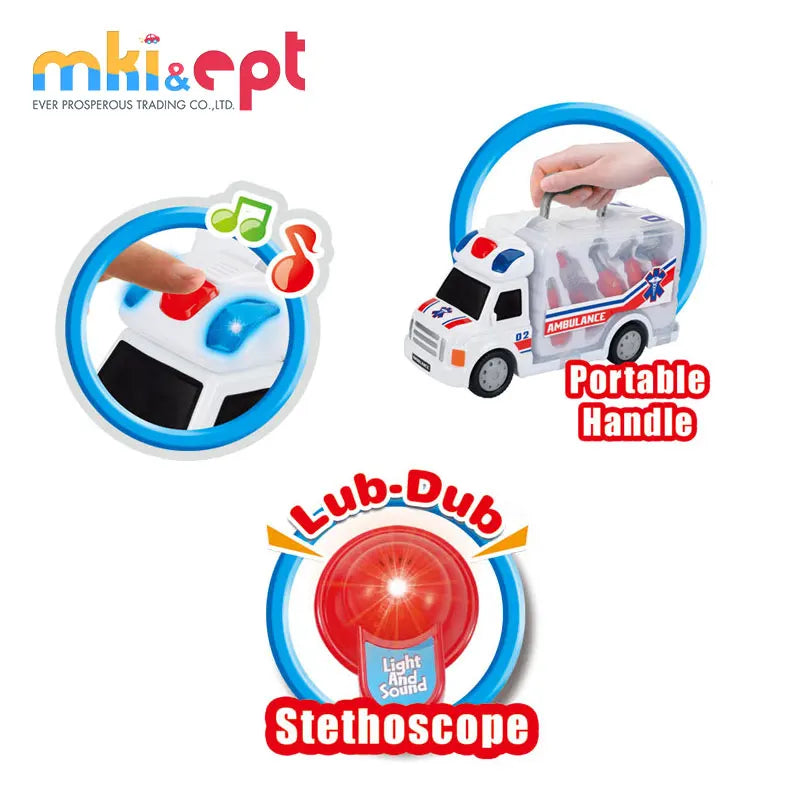 HKM-720211 Cartoon Musical Ambulance Toy Car with Medical Kit for Kids Ages 2-13