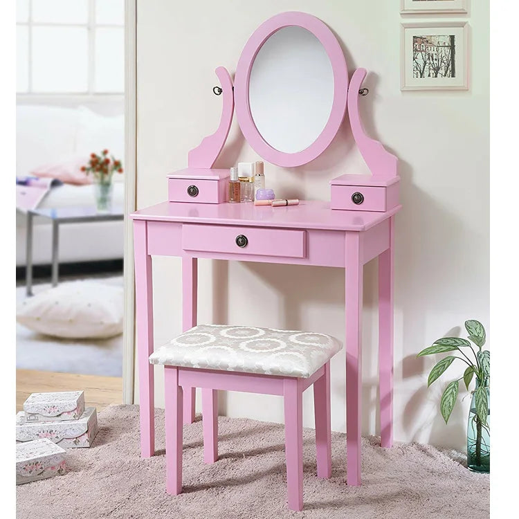 KTX-596243 White Small Makeup Vanity Dressing Desk with Mirror - MDF/Wood, 30W x 13D x 53H Inches