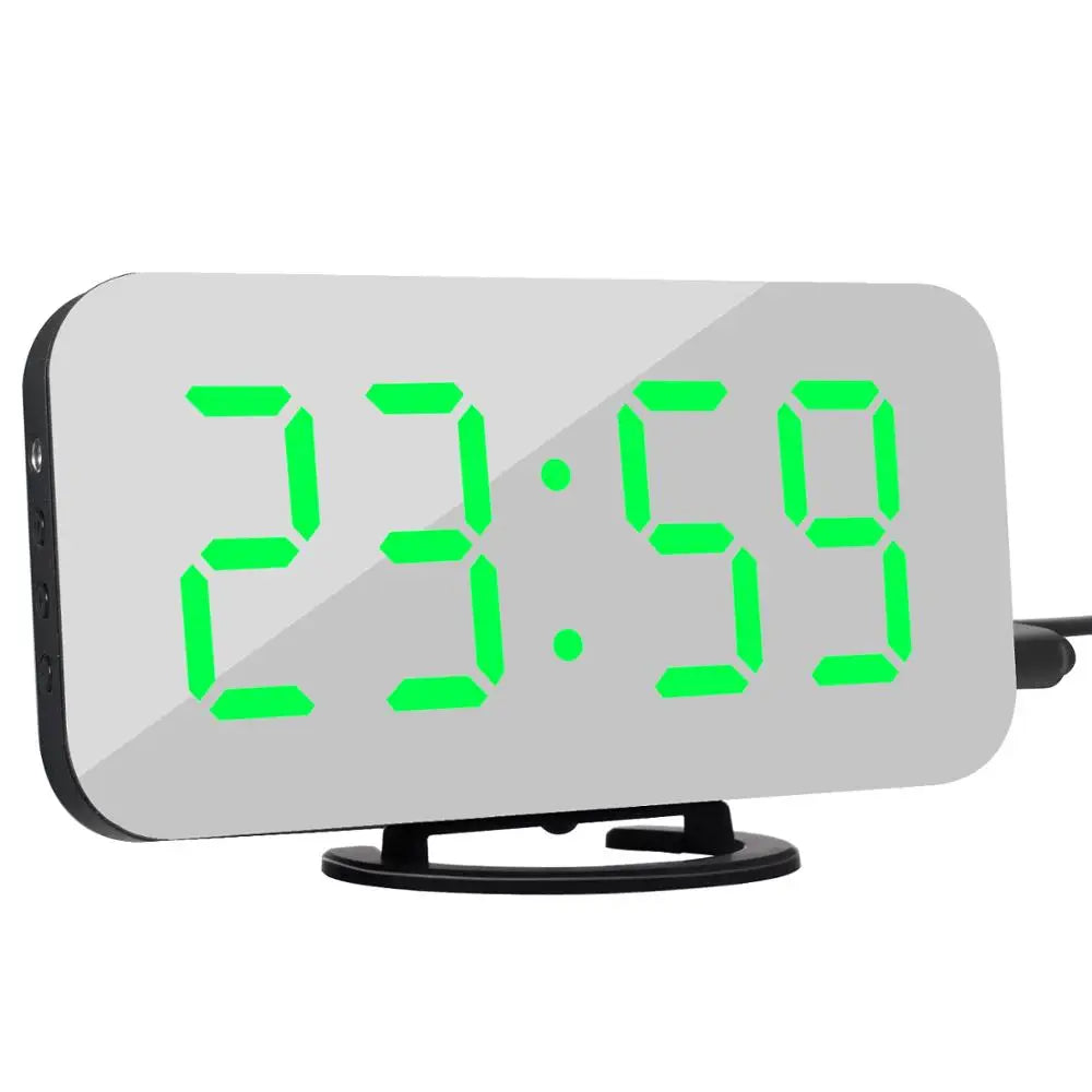 KTX-042195 Modern Digital LED Alarm Clock with Mirror Display and USB Charging Ports