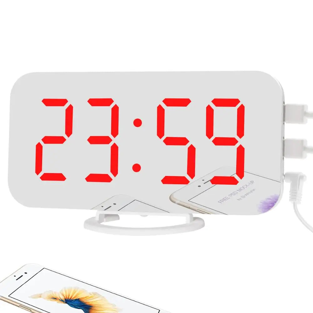 KTX-042195 Modern Digital LED Alarm Clock with Mirror Display and USB Charging Ports