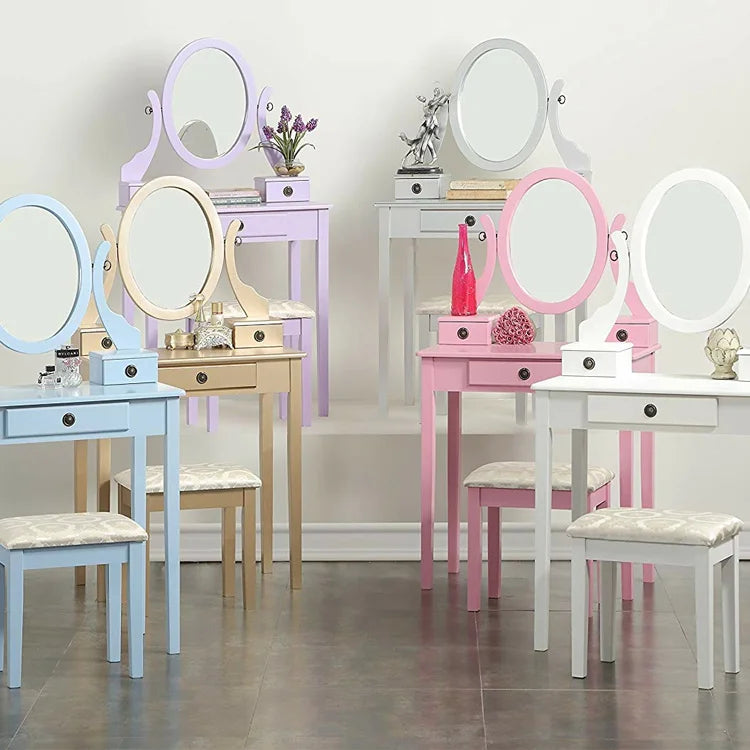 KTX-596243 White Small Makeup Vanity Dressing Desk with Mirror - MDF/Wood, 30W x 13D x 53H Inches