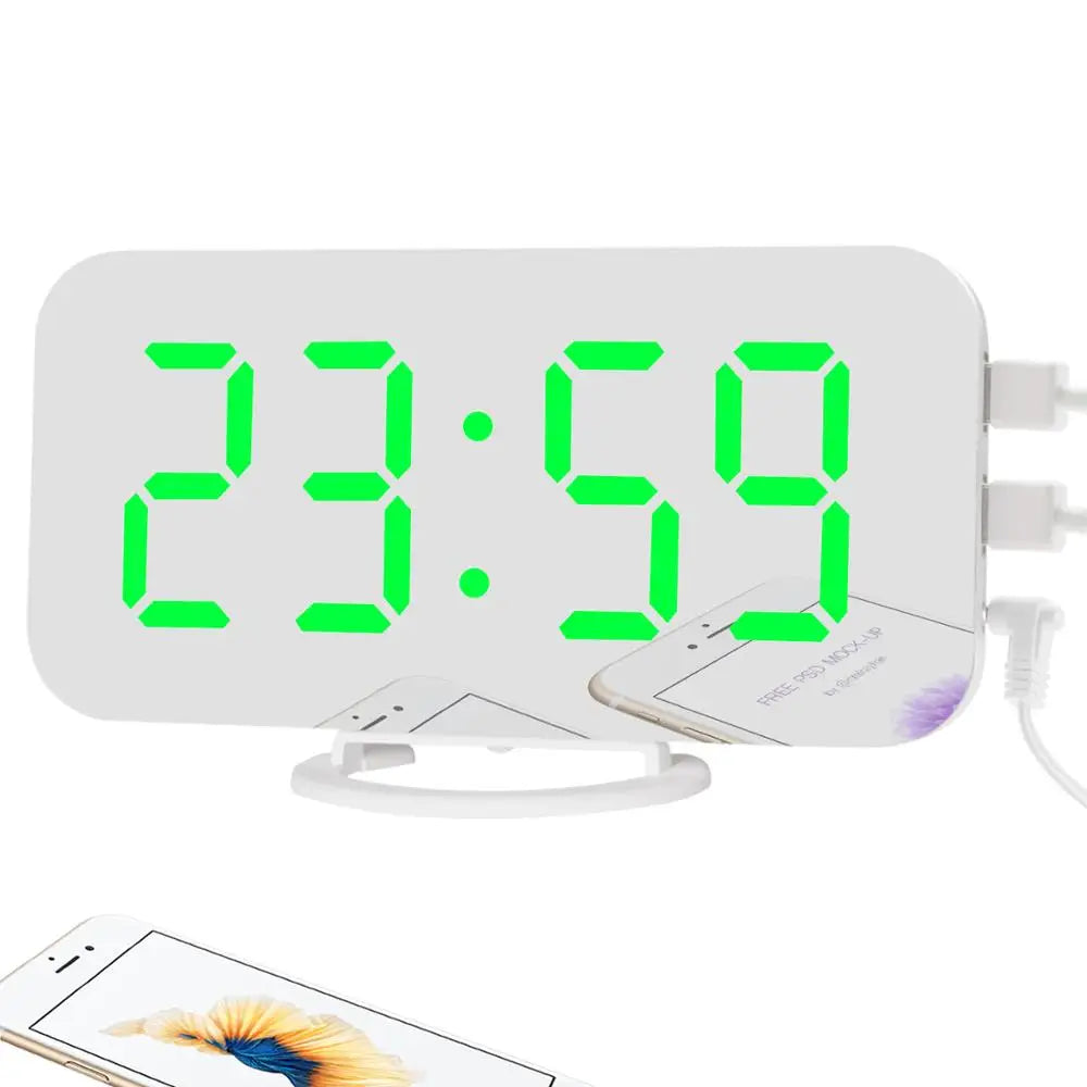 KTX-042195 Modern Digital LED Alarm Clock with Mirror Display and USB Charging Ports