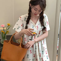 HKM-099795 Lovely Printed Women's Nightdress Cotton Short Sleeve Single Skirt 2024 Summer Loose Comfortable Cardigan Home Wear Wholesale
