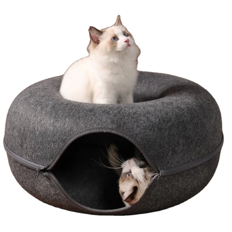 HKM-045587 Detachable and Washable Felt Cat Tunnel Bed - Cozy Donut Nest for Cats