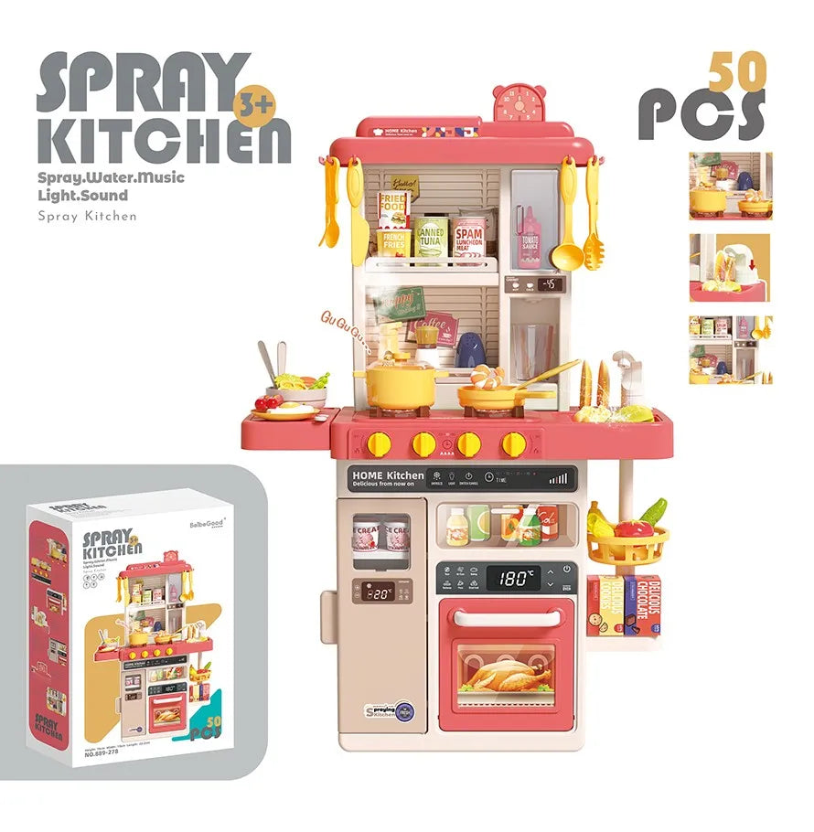 KTX-358611 Kids Kitchen Play Set - 50PCS Cooking Toys with Sounds, Lights, and Spray for Ages 2 to 13