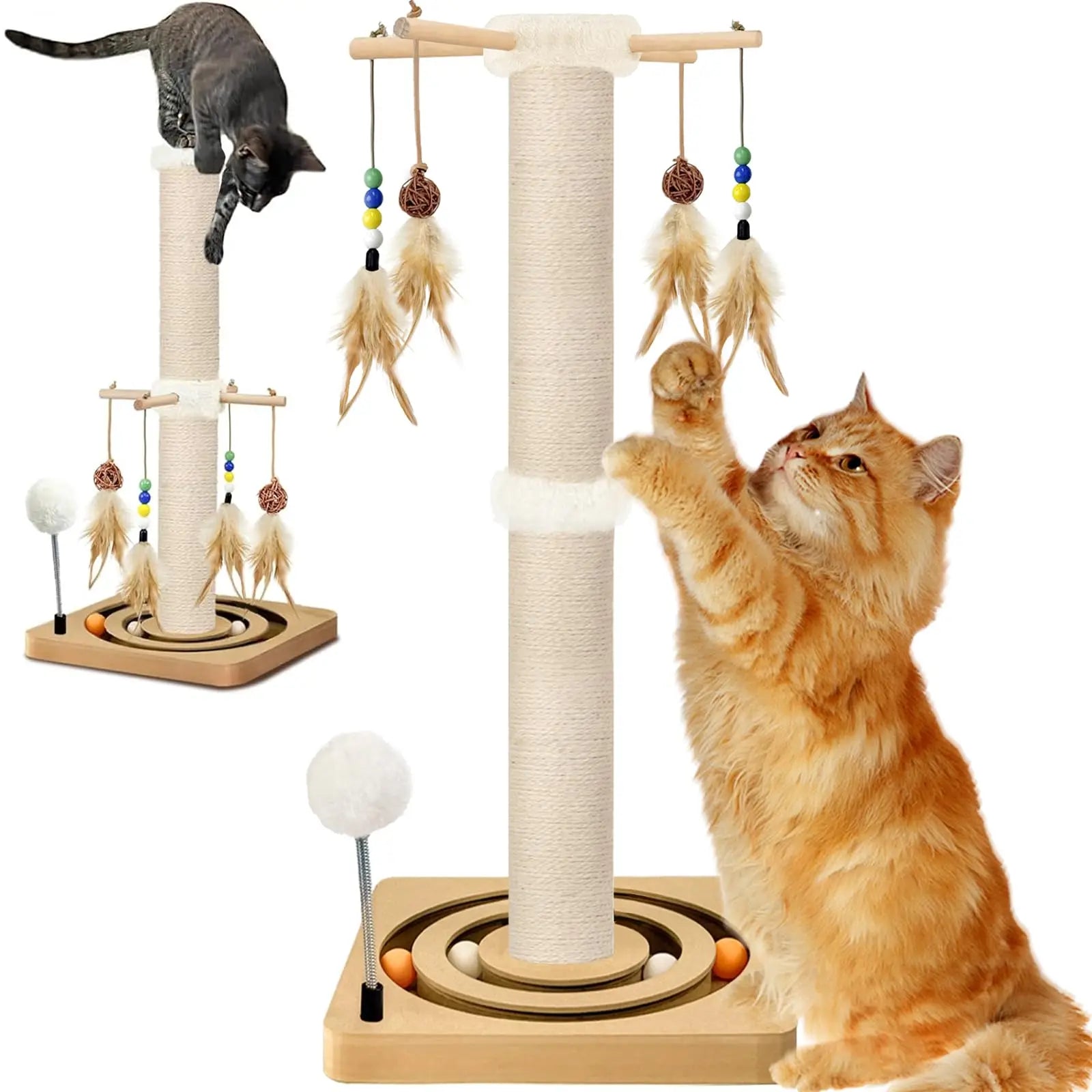 HKM-767635 Wood Cat Scratcher Tree Tower with Hanging Ball for Indoor Use