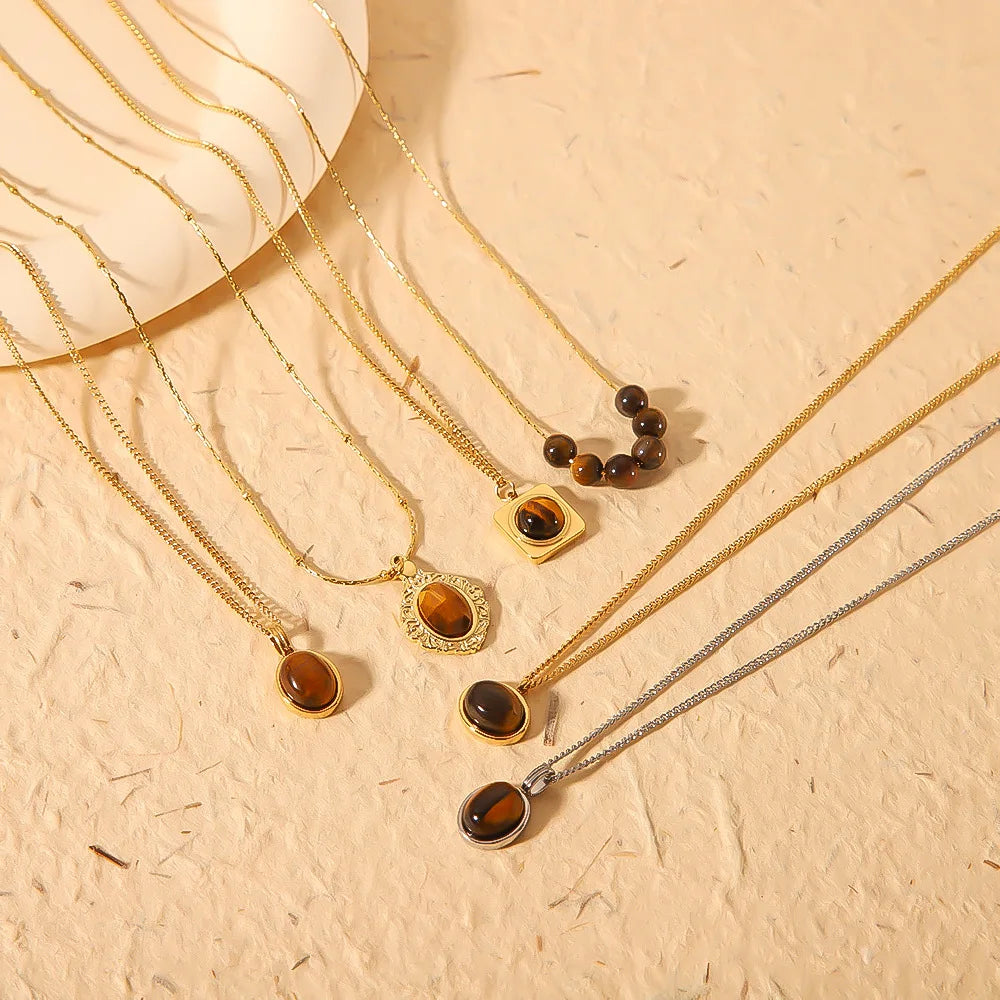 HKM-806035 Vintage Tiger's Eye Stone Pendant Necklace Geometric Opal Stainless Steel Necklace Neutral Fashion Jewelry