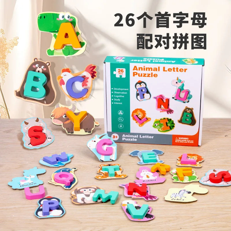 KTX-170835 Children's Wooden Animal Letter Puzzle - 26 Pcs Alphabet Matching Blocks for Educational Play