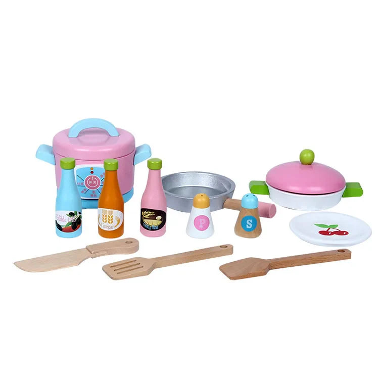 KTX-176595 Pink Wooden Magnetic Cooking Kitchen Play Set for Imaginative Role-Playing