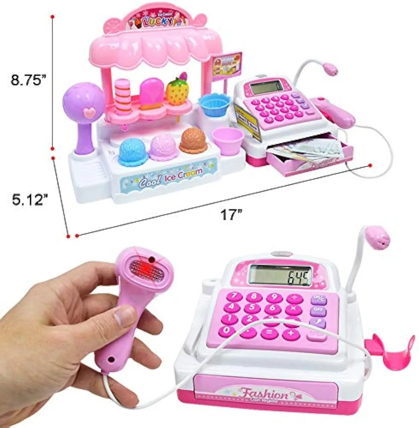 HKM-606099 Ice Cream Store Mini Cash Register Toy with Sound and Flashing Lights for Kids Ages 2-9