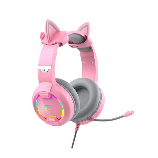 KTX-216659 Pink Cat Ear Headphones with RGB LED Lights and Flexible Microphone for 7.1 Surround Sound Gaming