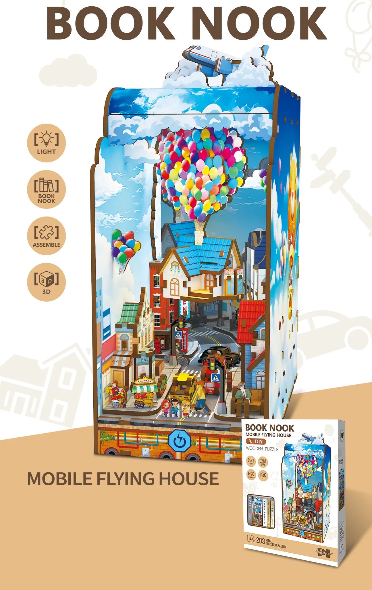 HKM-462675 3D Puzzle DIY Book Nook Kit with LED Light for Children and Educational Play