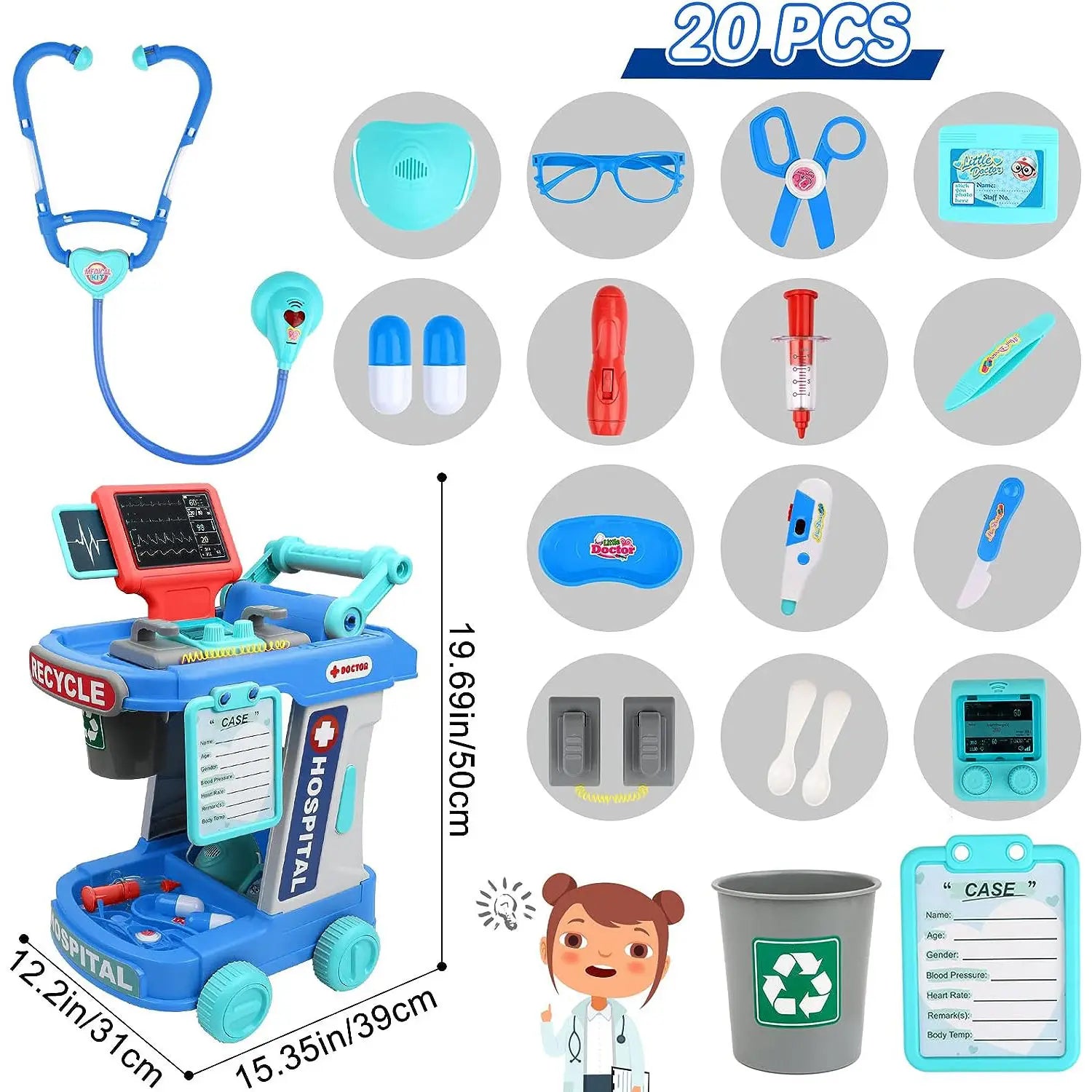 HKM-229843 Kids Doctor Play Set - Pretend Play Medical Trolley for Ages 2 to 13 Years - Plastic Components