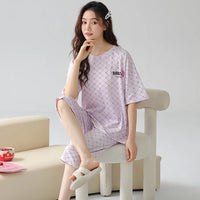 HKM-608275 Pajamas Women's Summer Cotton Short Sleeved Seven-point Pants Casual Light Purple Home Clothes Two-piece Suit