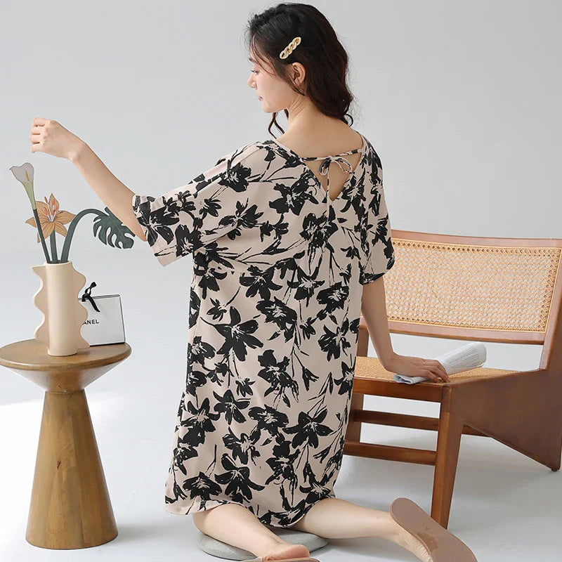 KTX-361939 Nightgown for Women Loose Sleepwear V Neck Pajama Dress Soft Nightshirt Short Sleeves Nightdress Print High-end Dresses