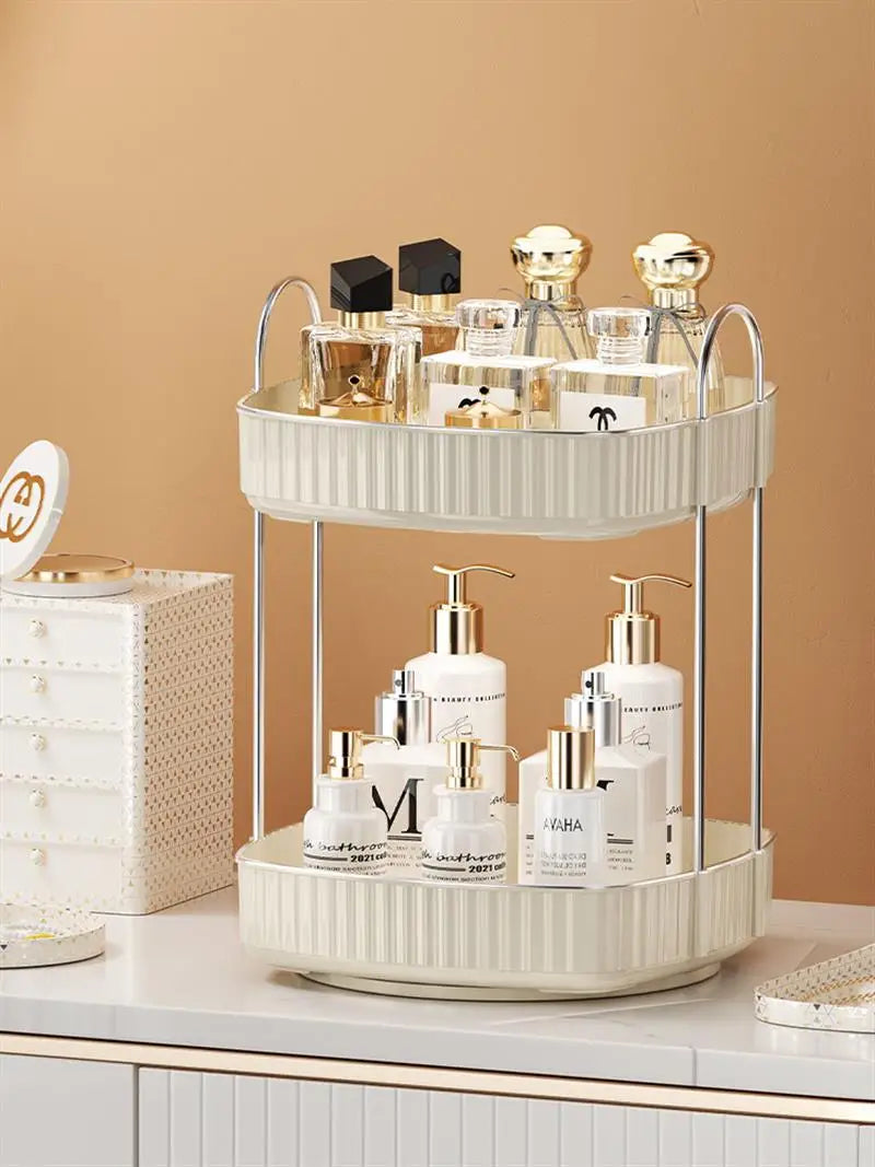 KTX-991635 Two-Layer Rotating Home Storage Organizer Rack in Cream White and Elegant Black