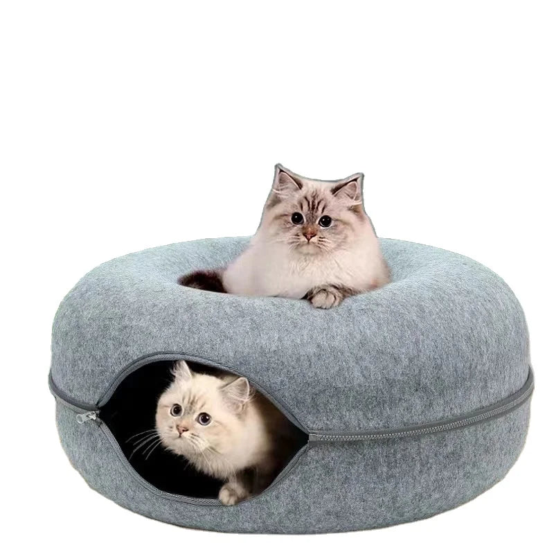 HKM-045587 Detachable and Washable Felt Cat Tunnel Bed - Cozy Donut Nest for Cats