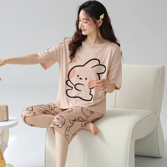 KTX-411667 Women's Pajama Set Short Sleeved and Cropped Pants Nighty With Pockets Sleepwear Cartoon Print Homewear
