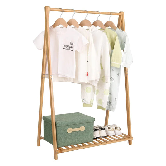 KTX-253779 Bamboo Children's Hanging Clothes Rack with Hat Storage for Bedroom and Wardrobe Organization