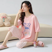 HKM-641043 Short-sleeved Seven-point Pants Set Two-piece Simple Sweet Pajamas All Cotton Home Wear Women's Summer Pajamas