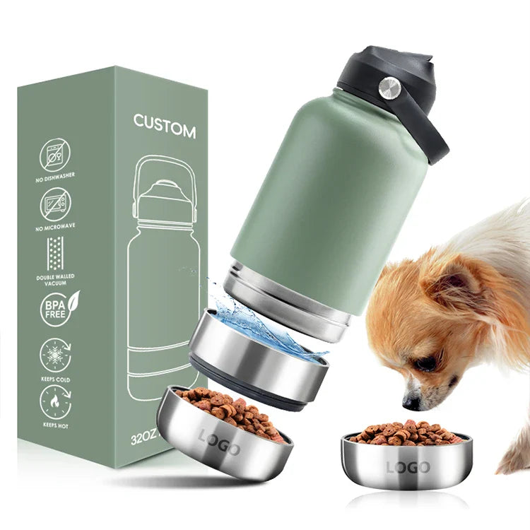 HKM-682835 Stainless Steel 32oz 3-in-1 Pet Bowl and Portable Water Bottle for Outdoor Travel