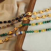 HKM-494163 Fashion Gold Plated Stainless Steel Coffee Bean Chain Natural Stone Green Red Agate Beads Chokers Necklace Jewelry for Women