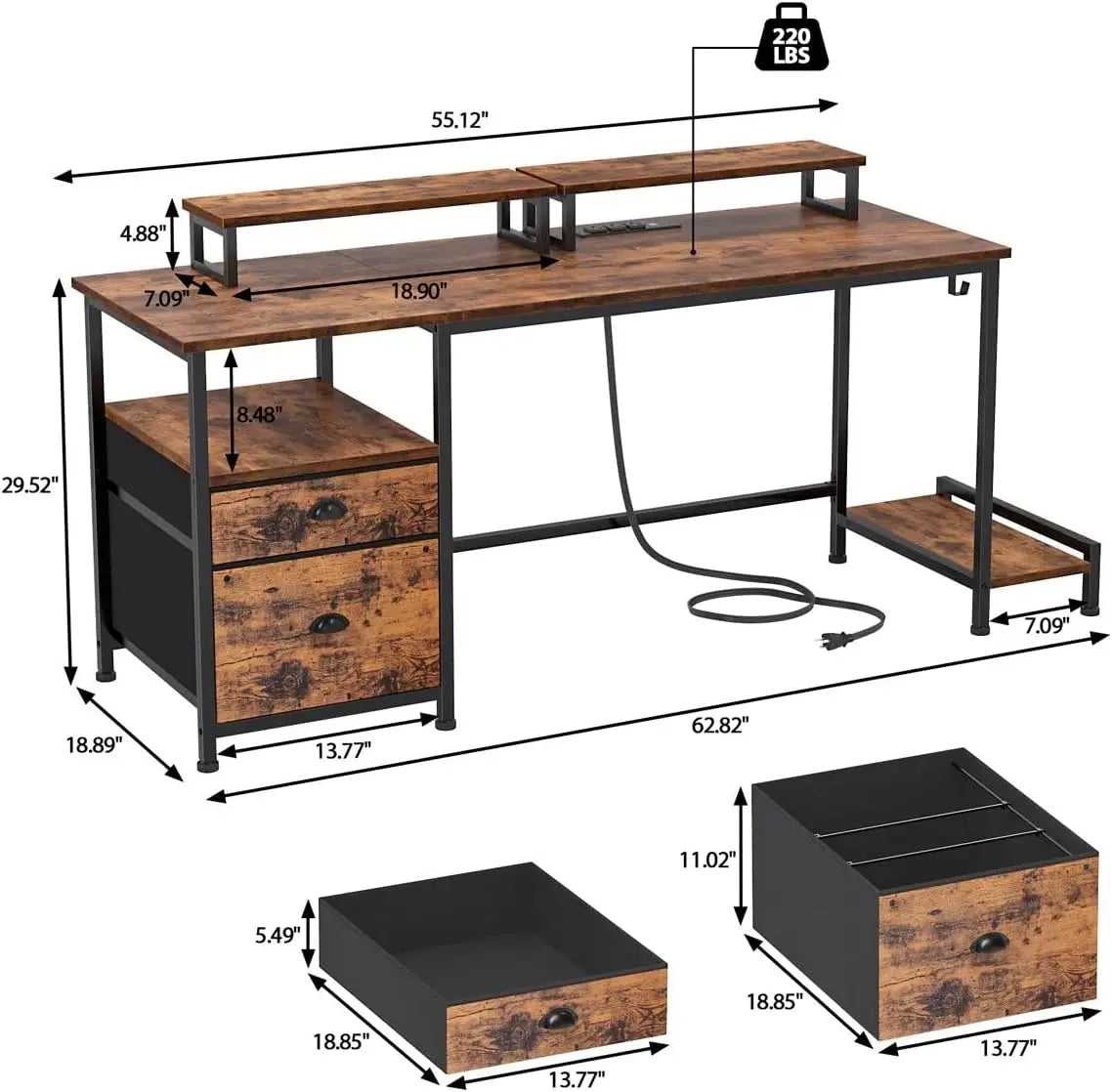 KTX-186067 Large Rustic Brown Computer Desk with 2 Removable Monitor Stands, CPU Stand, and Hooks for Home Office Use
