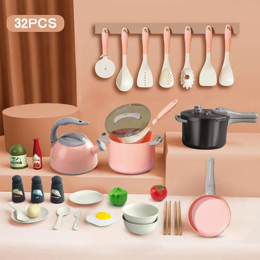 KTX-607251 Mini Luxury Pink Kitchen Playset - 32Pcs Kids Pretend Food Toys for Ages 5 and Up
