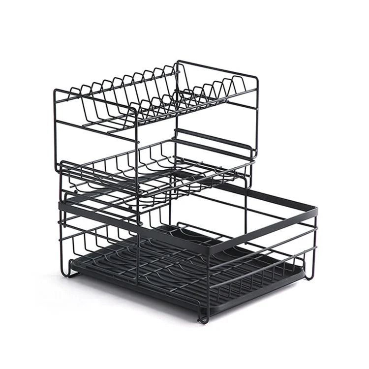 KTX-483155 2-Tier Large Black Steel Dish Rack with Utensil and Cutting Board Holders