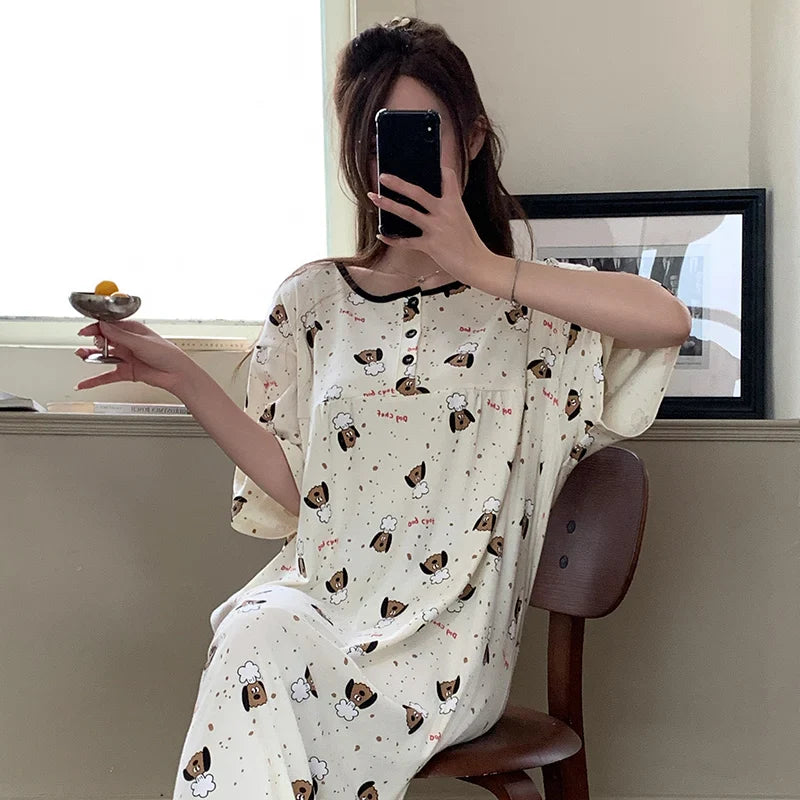 KTX-198099 Mid-length Fashion Nightdress Summer New Cotton Nightgown Cartoon Round Neck Short Sleeves Loose Loungewear Dress