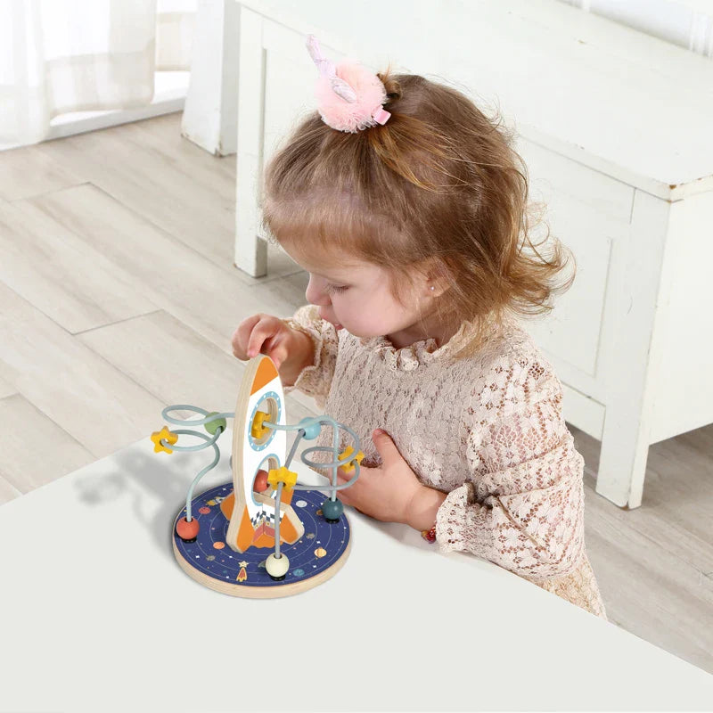 KTX-097235 Montessori Wooden Beads Maze Toy - Multifunctional Rocket-Shaped Educational Activity for Preschool Learning