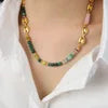HKM-494163 Fashion Gold Plated Stainless Steel Coffee Bean Chain Natural Stone Green Red Agate Beads Chokers Necklace Jewelry for Women