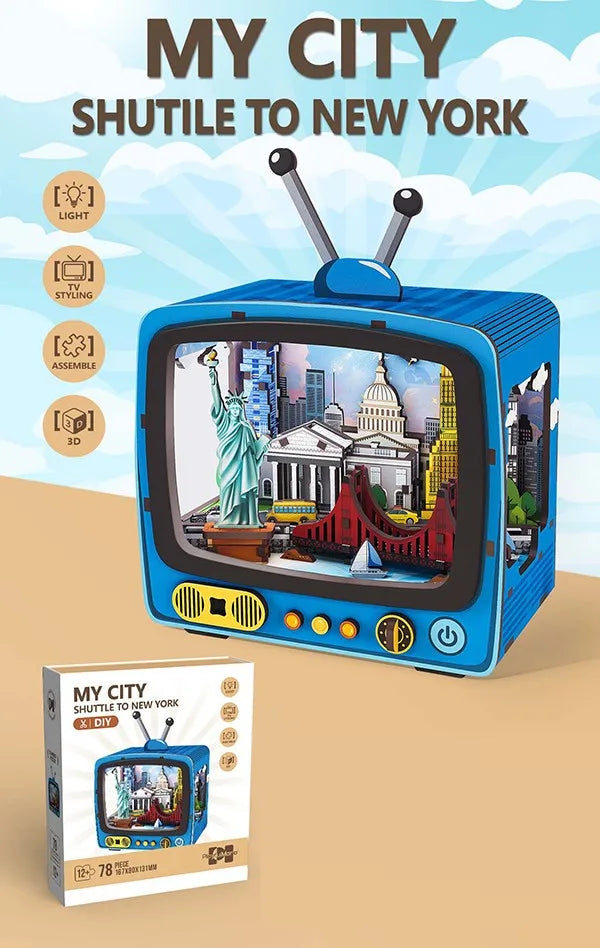 KTX-494291 Wooden 3D TV Set Building Puzzle Miniature Dollhouse DIY Kit for Creative Play