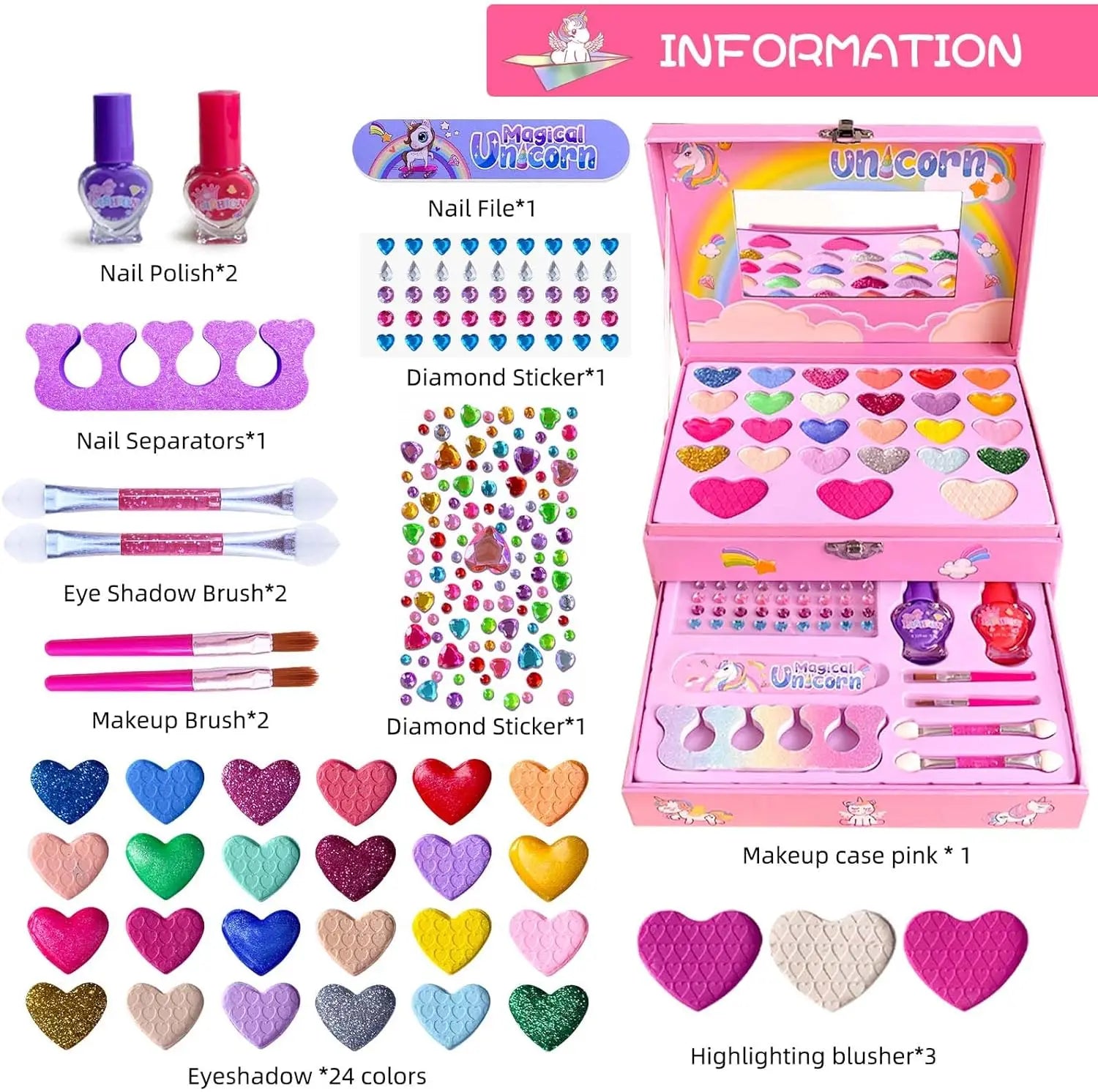 HKM-311187 Purple Cosmetic Makeup Kit for Girls with Eye Shadow and Nail Polish, 2 Layers Craft Case for Ages 2-13