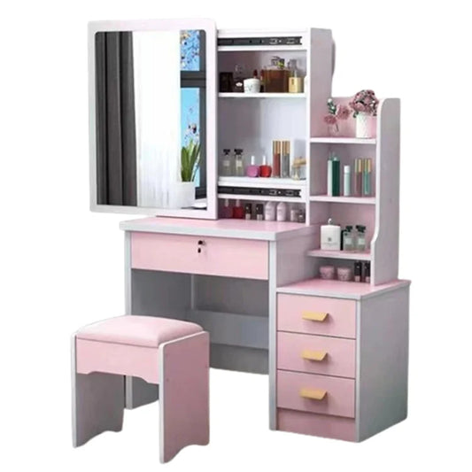 KTX-530707 Elegant Makeup Vanity Table with Mirror and Drawers, Complete with Stool for Bedroom