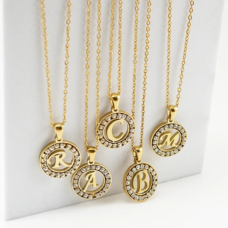 HKM-904339 Fashion 18k Gold Plated Chain Letter Shell Necklace Waterproof Stainless Steel Initial Pendant Necklace with Zircon Rhinestone