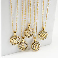 HKM-904339 Fashion 18k Gold Plated Chain Letter Shell Necklace Waterproof Stainless Steel Initial Pendant Necklace with Zircon Rhinestone