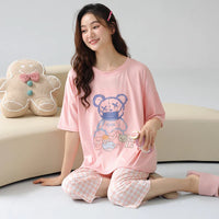 HKM-641043 Short-sleeved Seven-point Pants Set Two-piece Simple Sweet Pajamas All Cotton Home Wear Women's Summer Pajamas