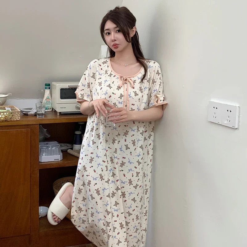 HKM-296403 New Buttons Thin Less Ladies Cotton Pajamas Summer Round Neck Short-sleeved Cartoon Women's Nightgown