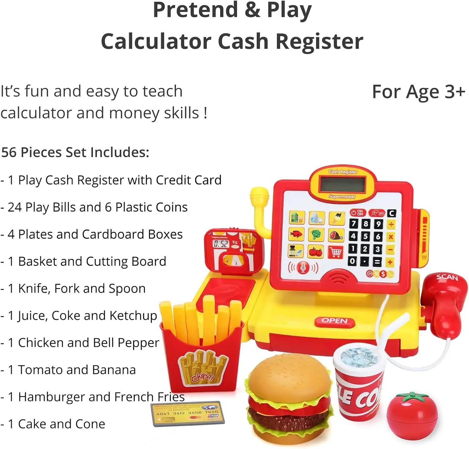 HKM-540563 Toy Cash Register for Kids - EPT Play Money Machine for Supermarket Role-Playing - Age 2 to 13 Years