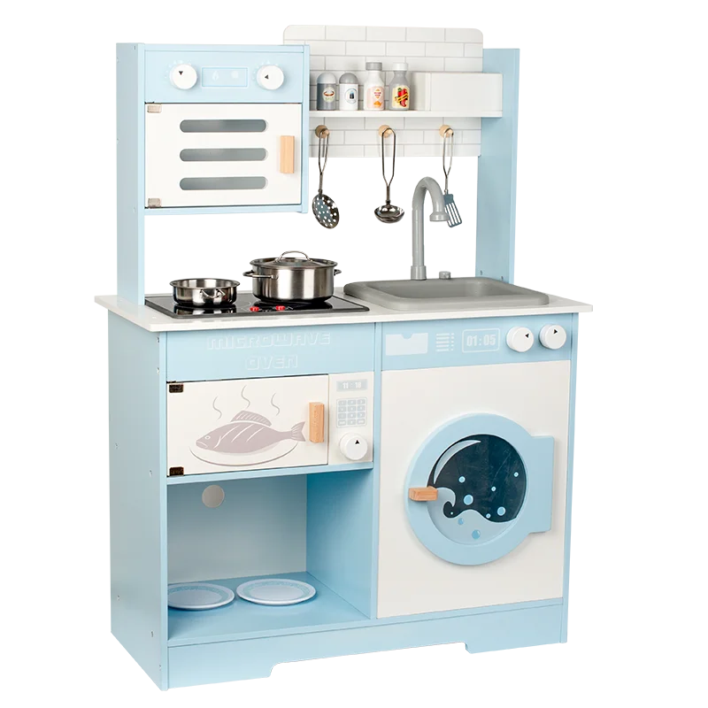 KTX-996947 Classic Blue Wooden Pretend Play Kitchen Toy Set with Simulated Water Faucet for Kids