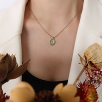 HKM-166483 New Trend 18K Gold Plated Opal Pendant Necklace Vintage Classic Stainless Steel Oval Natural Stone Necklace for Women Girls