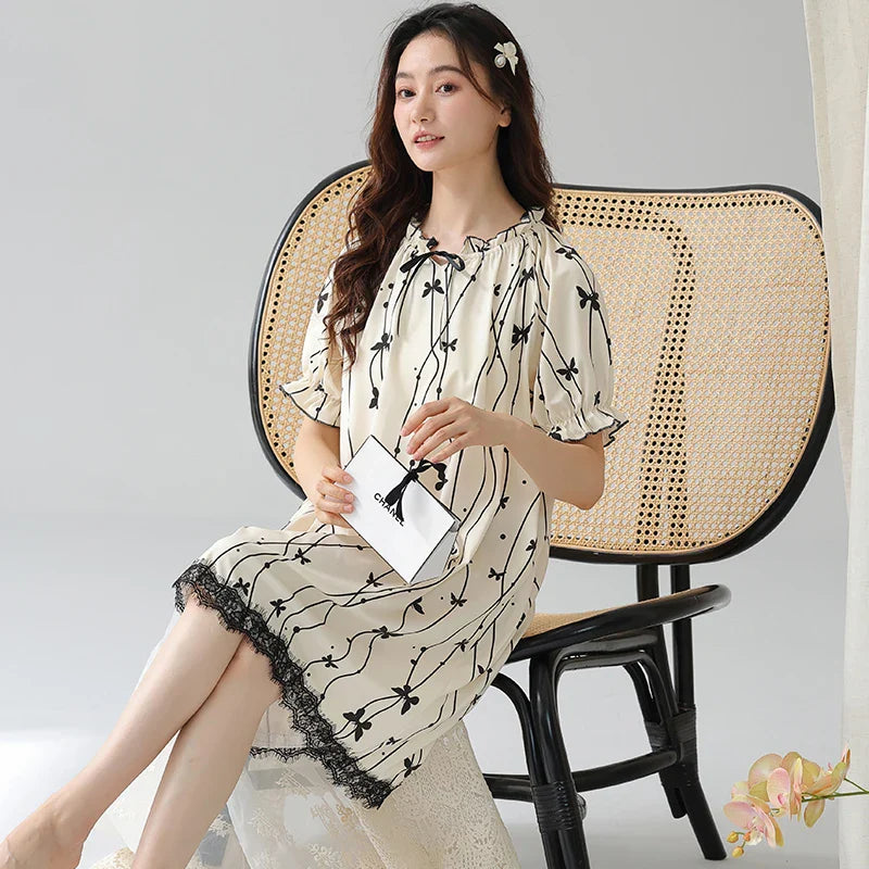 KTX-394707 2024 Summer Cotton Girls Nightgowns Lady Pajamas Sets for Women Short-sleeved Nightdress