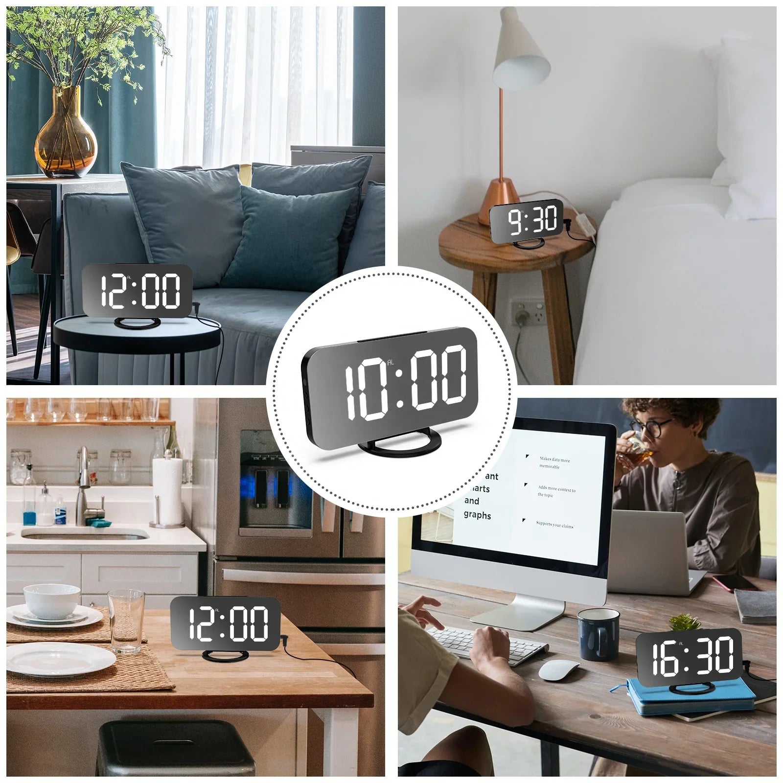 KTX-042195 Modern Digital LED Alarm Clock with Mirror Display and USB Charging Ports