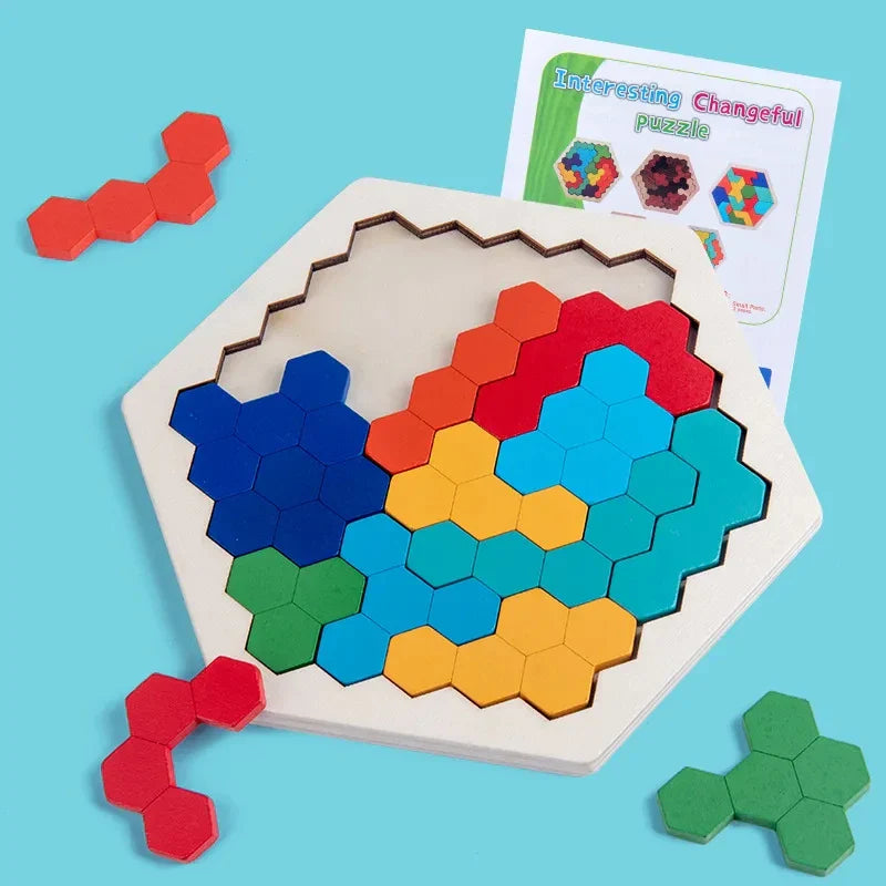 KTX-727891 3D Hexagonal Wooden Puzzle Set for Children – Educational Montessori Tangram Toys