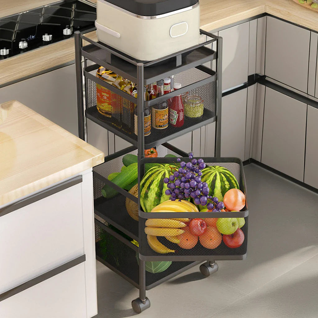 KTX-089939 Adjustable 2-5 Layer Kitchen Storage Trolley with Wheels and Square Metal Shelves