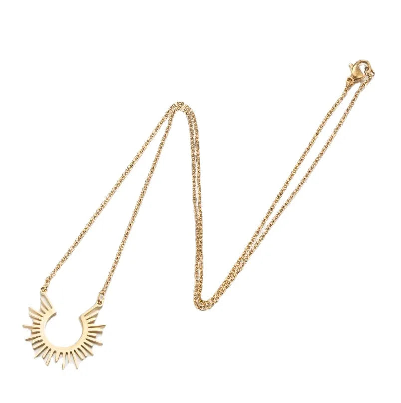 HKM-445587 Stainless Steel Gold Sunburst Pendant Necklace Sun Sunshine Minimalist Women Jewelry Necklace Tarnish Free