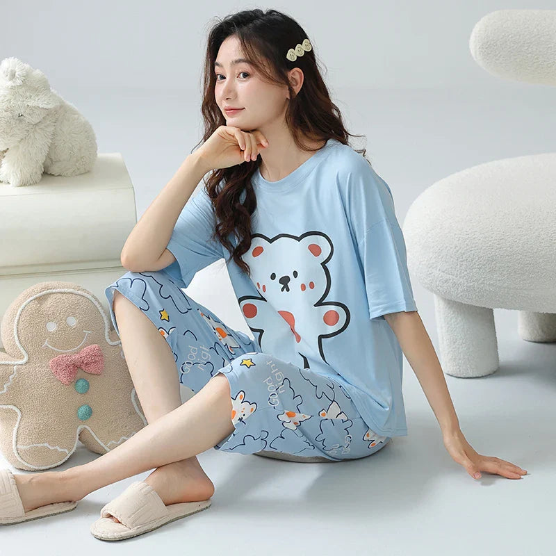 HKM-739347 New Arrival 2 Sets Short Sleeve Seven-minute Pants Thin Cute Cartoon Sleepwear Women's Cotton Pajamas
