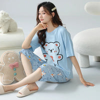 HKM-739347 New Arrival 2 Sets Short Sleeve Seven-minute Pants Thin Cute Cartoon Sleepwear Women's Cotton Pajamas