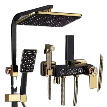KTX-015635 Modern Black Gold Brass Square Shower System and Bathtub Mixer Faucet with Ceramic Finish